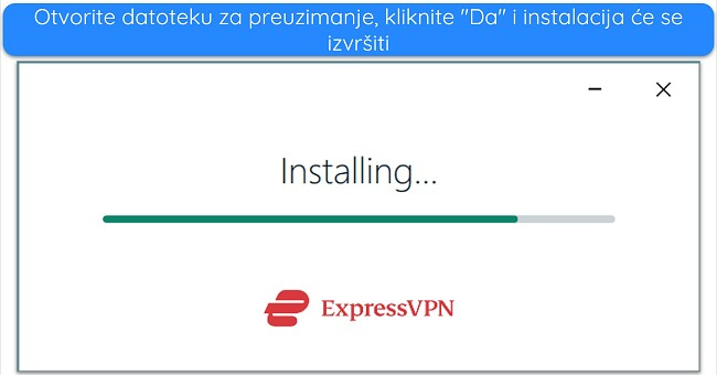Snimka zaslona koja prikazuje prozor instalacije ExpressVPN-a