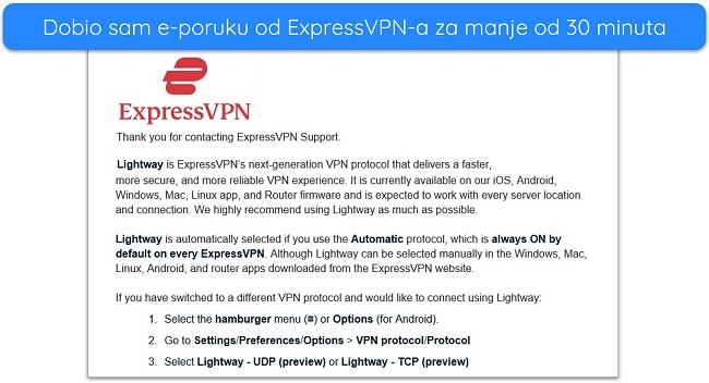 Snimka zaslona odgovora putem e-pošte podrške ExpressVPN-a