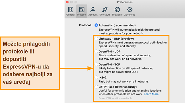 Snimka zaslona aplikacije ExpressVPN koja prikazuje sve dostupne protokole, uključujući Lightway, OpenVPN, IKEv2 i L2TP / IPsec