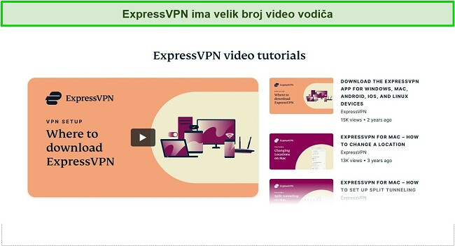 Snimka zaslona ExpressVPN-ovih online video tutorijala na web stranici