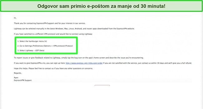 Snimka zaslona razgovora putem e-pošte s timom za korisničku podršku ExpressVPN-a o LightWay protokolu
