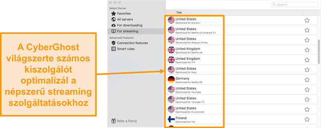 A CyberGhost Mac alkalmazásának képernyőképe a streaminghez optimalizált szerverekről