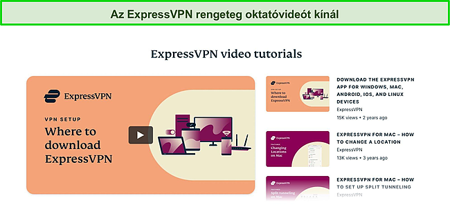 Képernyőkép az ExpressVPN online oktatóvideóiról a webhelyen.