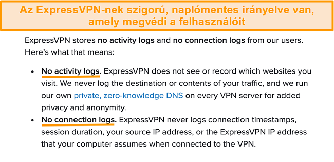 Képernyőkép az ExpressVPN adatvédelmi politikájáról a weboldalán