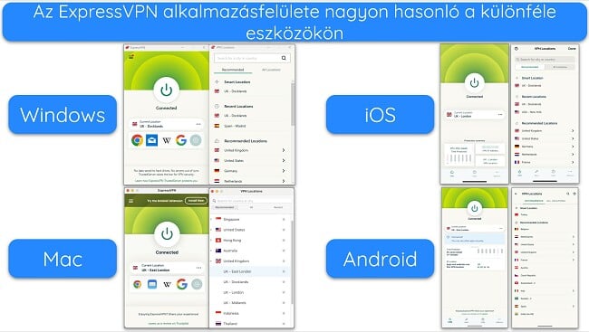 Képek az ExpressVPN Windows, Mac, iOS és Android rendszeren futó alkalmazásairól, amelyek mindegyike csatlakozik az Egyesült Királyság szervereihez, és megjeleníti a szerverlistát.