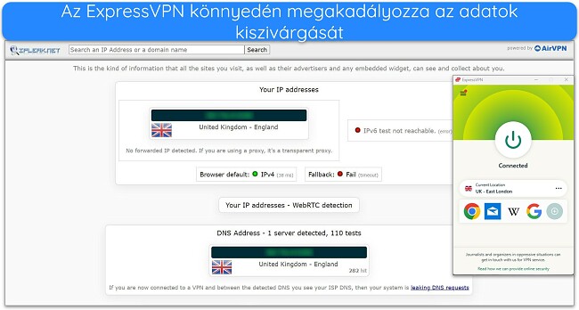 Az ExpressVPN egyesült királyságbeli szerverhez csatlakoztatott Windows-alkalmazásának képe, a szivárgásteszt eredményei szerint nincs adatszivárgás.