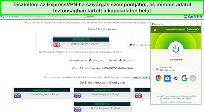 Képernyőkép arról, hogy az ExpressVPN átment a szivárgásteszten