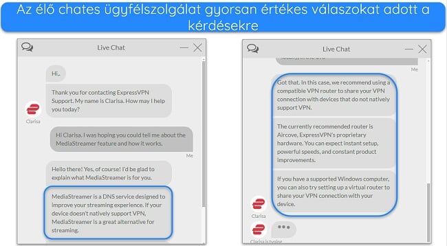 Képek az ExpressVPN élő csevegéséről, ahol egy ügynök válaszol a MediaStreamer funkcióval kapcsolatos kérdésekre.