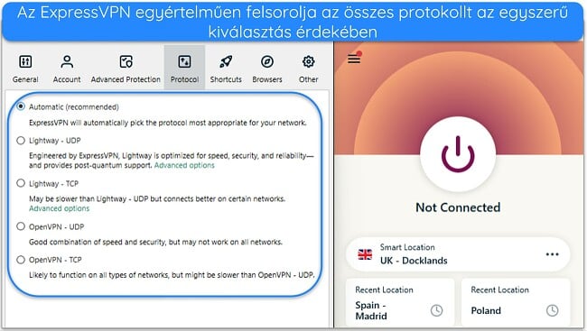 Az ExpressVPN Windows-alkalmazásának képe, amely a rendelkezésre álló protokollokat mutatja az alkalmazás beállításai között.