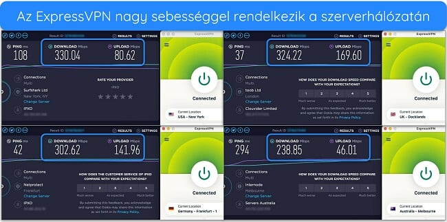 Képek az Ookla sebességteszt eredményeiről, az Egyesült Államokban, az Egyesült Királyságban, Németországban és Ausztráliában lévő szerverekhez csatlakoztatott ExpressVPN-nel
