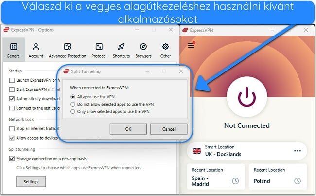 Az ExpressVPN Windows-alkalmazásának képe, amely az osztott alagút funkciót mutatja.