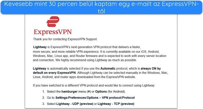 Az ExpressVPN támogatási e-mail válasz képernyőképe