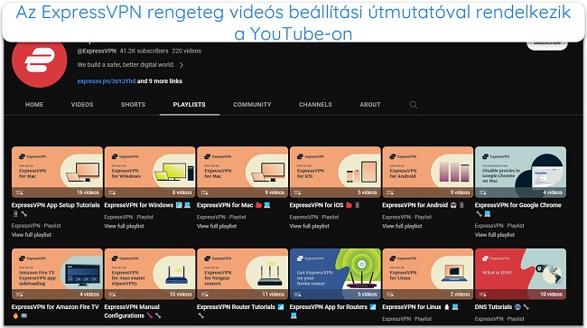 Képernyőkép az ExpressVPN YouTube-oldaláról, amely az összes beállítási útmutatót és oktatóvideót mutatja