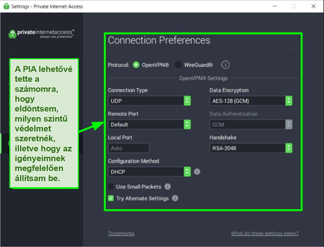 Pillanatkép az elérhető PIA biztonsági beállításokról