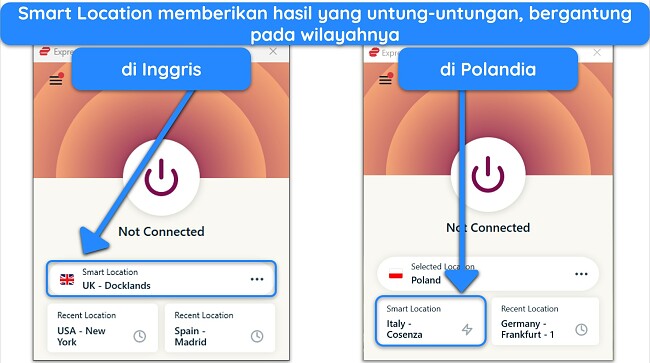 Tangkapan layar menunjukkan fitur Lokasi Cerdas ExpressVPN