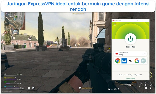 Gambar game online COD: Warzone sedang berlangsung dengan ExpressVPN yang terhubung ke server di Turki.
