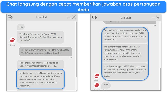 Gambar obrolan langsung ExpressVPN, dengan agen menjawab pertanyaan tentang fitur MediaStreamer.