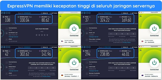 Gambar hasil tes kecepatan Ookla, dengan ExpressVPN terhubung ke server di AS, Inggris, Jerman, dan Australia