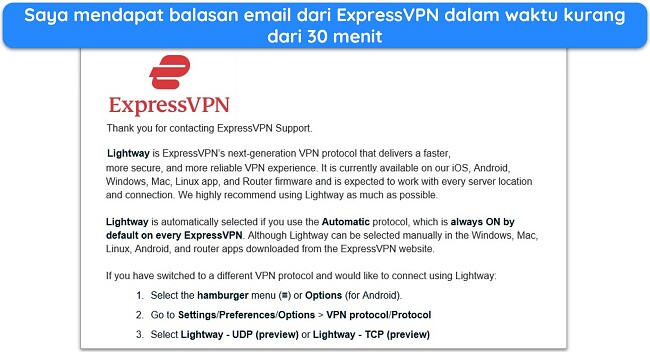 Tangkapan layar respons email dukungan ExpressVPN