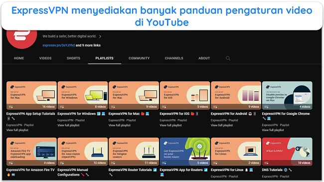 Tangkapan layar halaman YouTube ExpressVPN yang menampilkan semua panduan pengaturan dan tutorial video