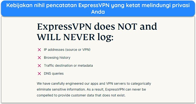 Image of ExpressVPN's website stating that ExpressVPN won't log personally-identifiable data.