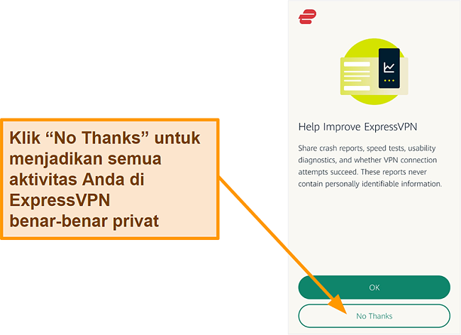 Tangkapan layar aplikasi ExpressVPN yang meminta izin pengguna untuk membagikan laporan kerusakan, uji kecepatan, dan data pengguna lainnya dengan perusahaan