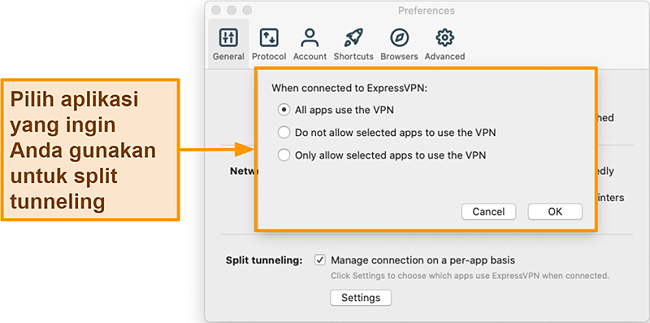 Tangkapan layar dari pengguna yang menyiapkan fitur kanalisasi terbagi di aplikasi ExpressVPN