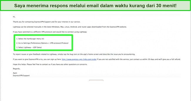 Tangkapan layar percakapan email dengan tim dukungan pelanggan ExpressVPN tentang protokol LightWay