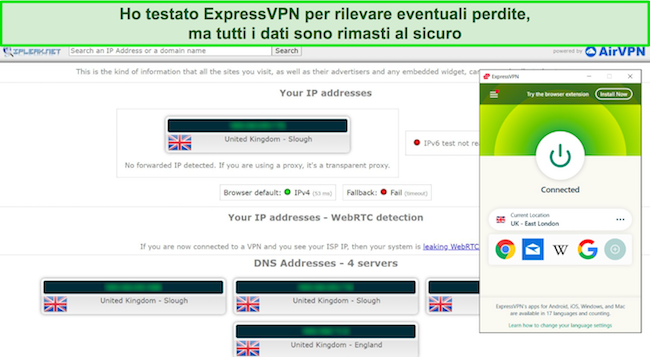 Screenshot di ExpressVPN che supera un test di tenuta