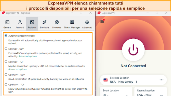 Screenshot dell'interfaccia utente della schermata di selezione del protocollo di ExpressVPN