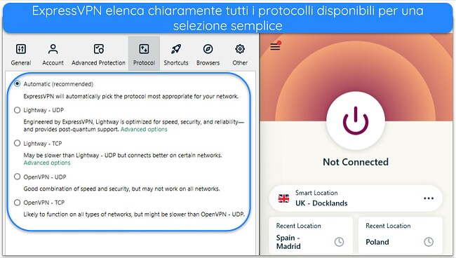 Immagine dell'app Windows di ExpressVPN, che mostra i protocolli disponibili nelle Opzioni dell'app.