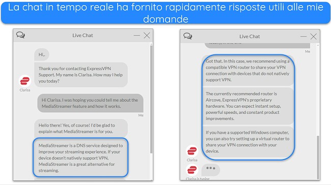 Immagini della chat dal vivo di ExpressVPN, con un agente che risponde alle domande sulla funzionalità MediaStreamer.