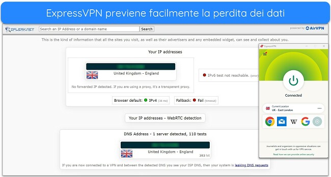 Immagine dell'app Windows di ExpressVPN connessa a un server del Regno Unito, con i risultati di un test di tenuta che non mostra perdite di dati.