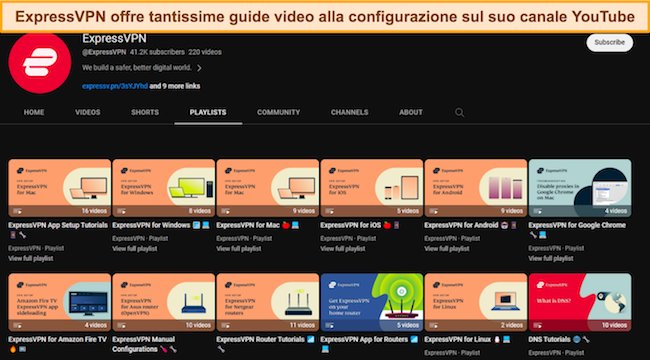 Screenshot della pagina YouTube di ExpressVPN che mostra tutte le guide di configurazione e i tutorial video