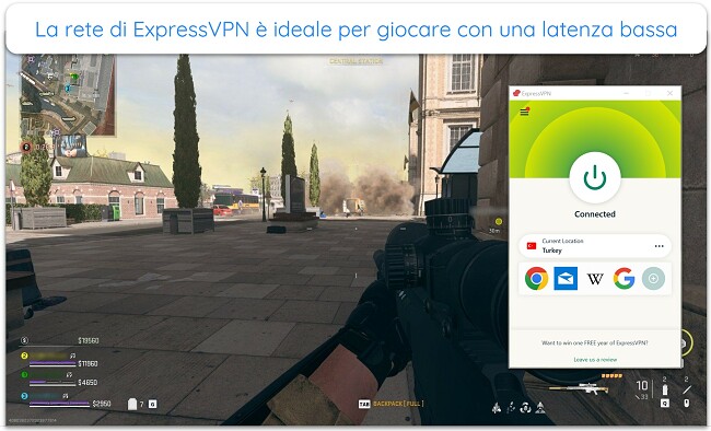 Immagine di un gioco online di COD: Warzone in corso con ExpressVPN connesso a un server in Turchia.