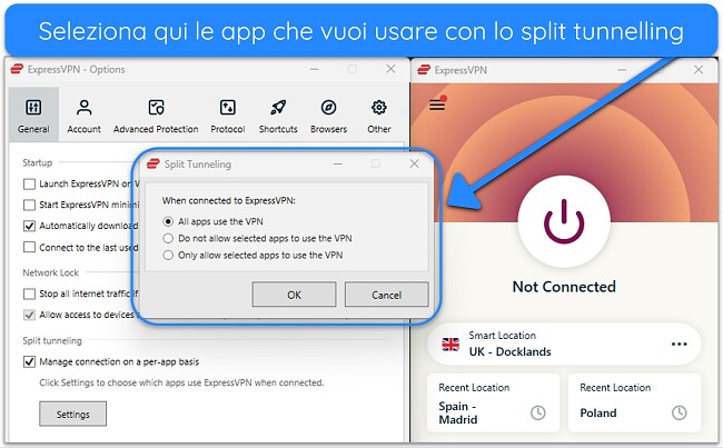 Immagine dell'app Windows di ExpressVPN, che mostra la funzionalità di split tunneling.