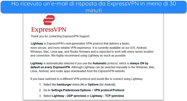 Screenshot della risposta via email del supporto ExpressVPN