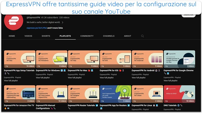Screenshot della pagina YouTube di ExpressVPN che mostra tutte le guide di configurazione e i tutorial video