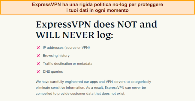 Screenshot che mostra l'anteprima della policy nologs di expressvpn