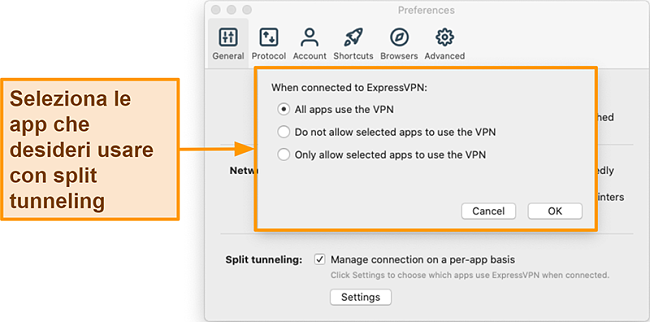 Screenshot di un utente che imposta la funzione di split tunneling sull'app ExpressVPN