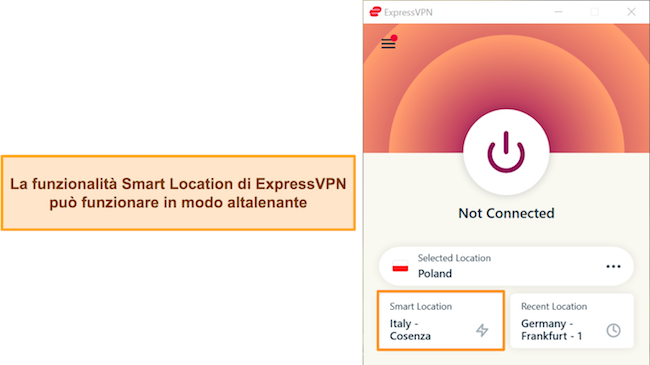 Screenshot che mostra la funzione Smart Location di ExpressVPN
