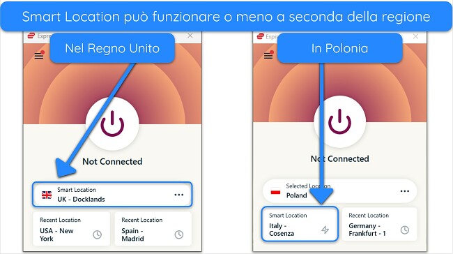 Screenshot che mostra la funzione Smart Location di ExpressVPN