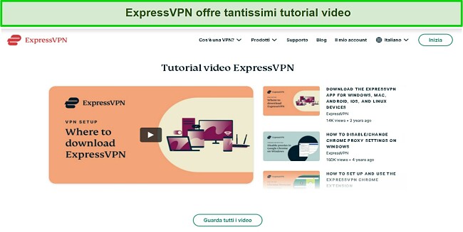 Screenshot dei tutorial video online di ExpressVPN sul sito web