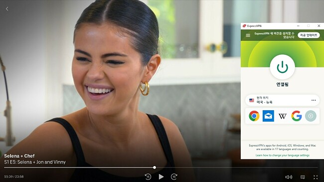 미국 서버에 연결된 ExpressVPN의 스크린샷 및 HBO Max의 Selena + Chef 쇼 차단 해제