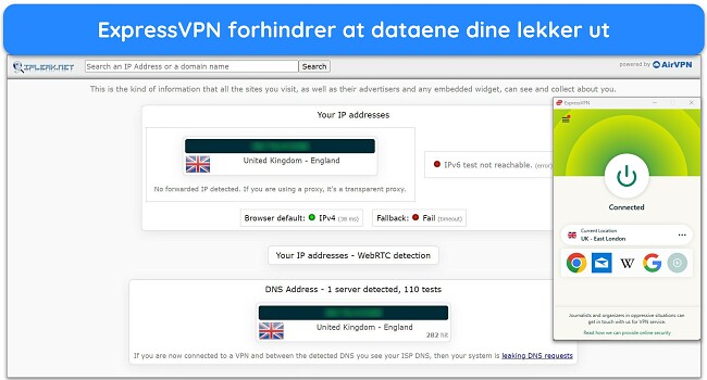 Bilde av ExpressVPNs Windows-app koblet til en britisk server, med resultatene av en lekkasjetest som ikke viser datalekkasjer.
