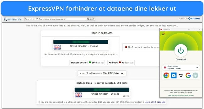 Bilde av ExpressVPNs Windows-app koblet til en britisk server, med resultatene av en lekkasjetest som ikke viser datalekkasjer.