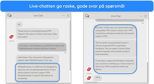 Bilder av ExpressVPNs live chat, med en agent som svarer på spørsmål om MediaStreamer-funksjonen.