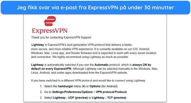 ExpressVPN-støtte e-postsvar skjermbilde