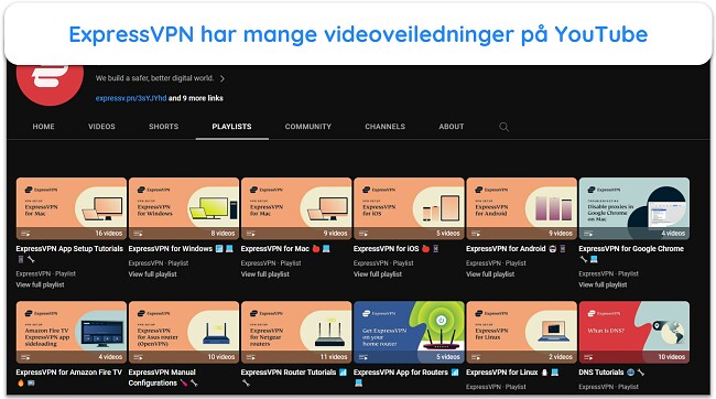 Skjermbilde av ExpressVPNs YouTube-side som viser alle oppsettguider og videoopplæringer
