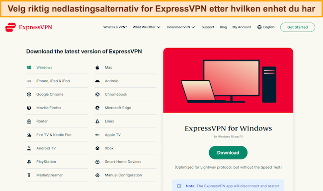 Skjermbilde som viser ExpressVPN-nedlastingssiden og tilgjengelige enheter